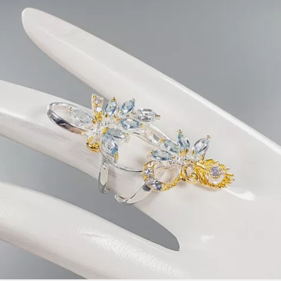 GORGEOUS Aquamarine, Amethyst & Sapphire peacock floral cocktail ring sz6.5 - Picture 7 of 7